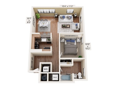 Floor plan for 1 bed, 1 bath, 700 sqft